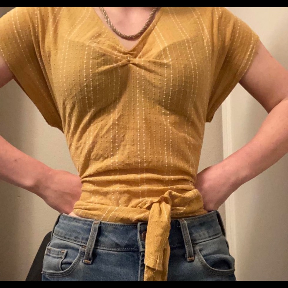 Yellow blouse with white dot stripes and tie bottom